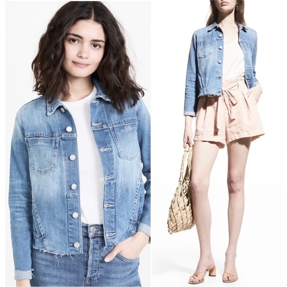 NWT L'AGENCE 90s Distressed Vintage Wash Denim Raw Hem Crop Slim Jean Jacket XS - Picture 2 of 16
